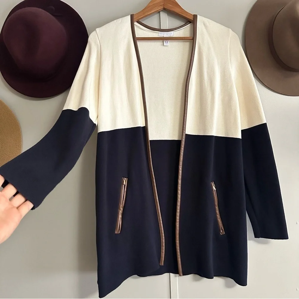 Charter Club Milano white navy faux leather open knit sweater cardigan jacket